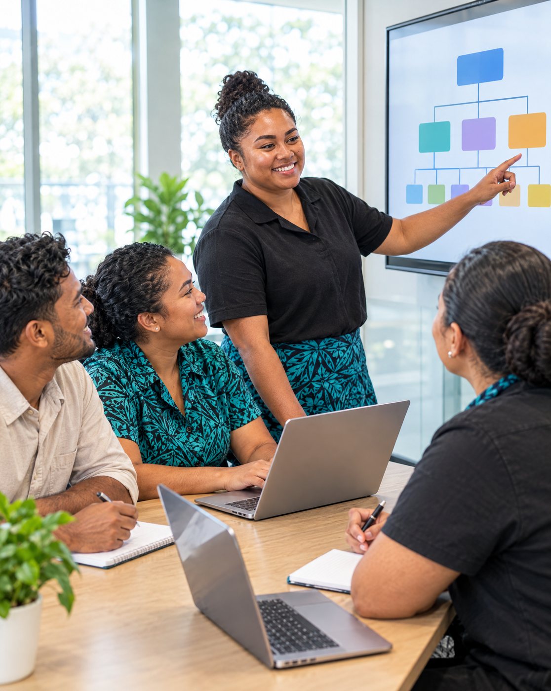 Illustration of a team leader planning a team structure with colleagues