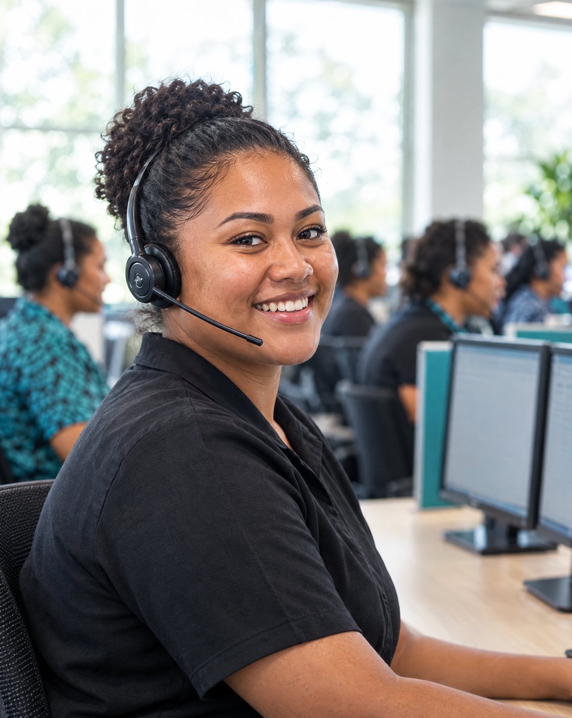 Illustration of a customer service agent on a headset at a contact centre desk