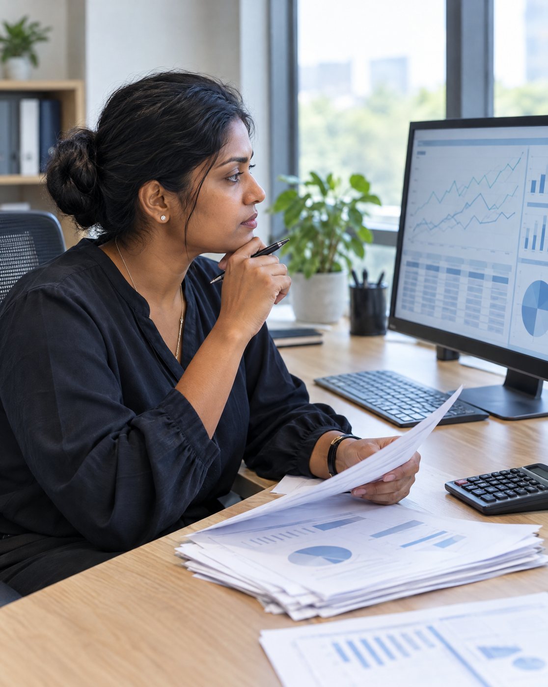 Illustration of an accountant reviewing financial reports and charts