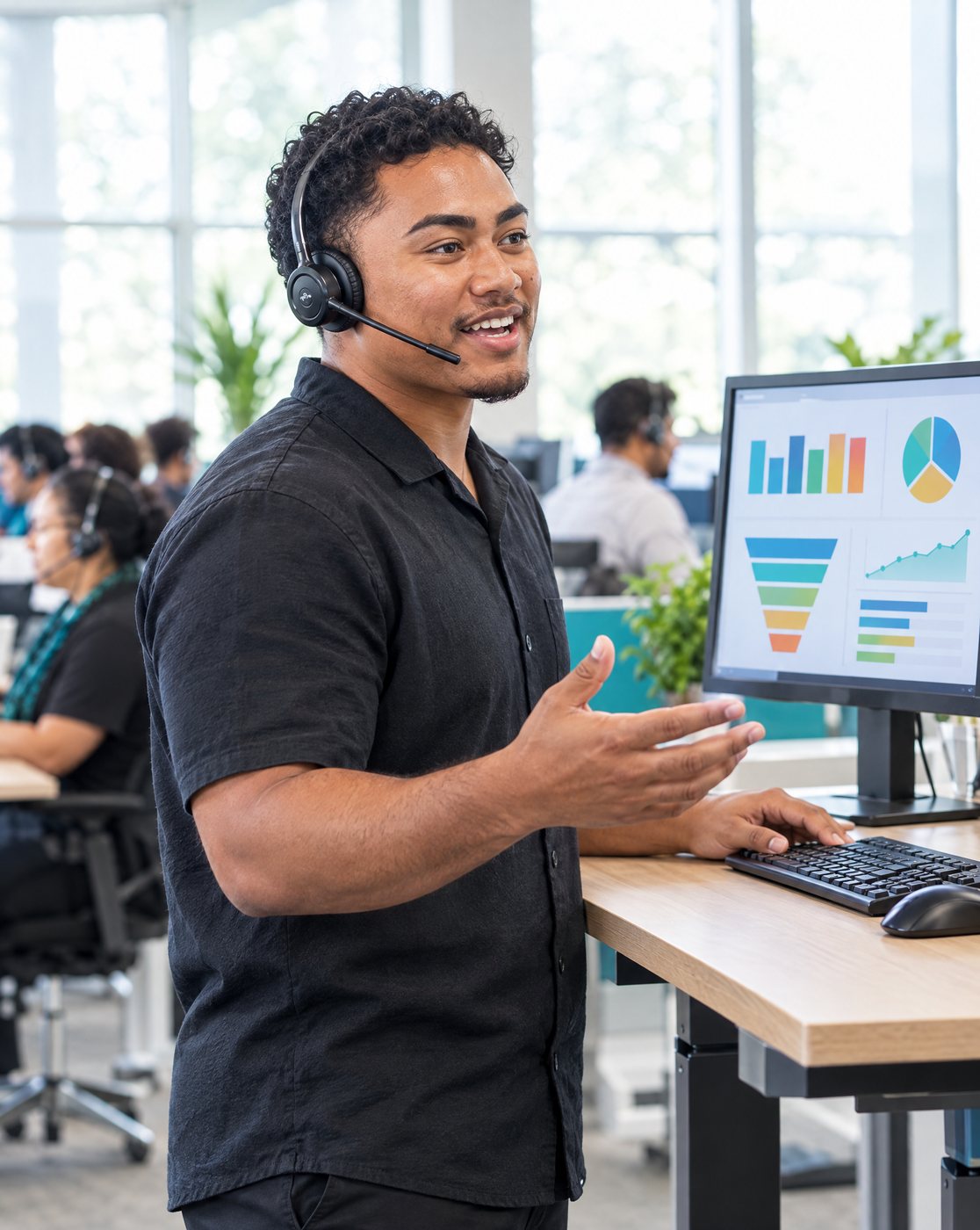 Illustration of a sales representative on a headset call beside a pipeline dashboard
