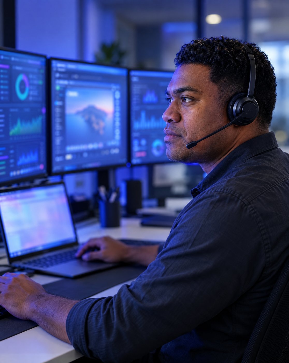Illustration of an IT support technician troubleshooting across three monitors